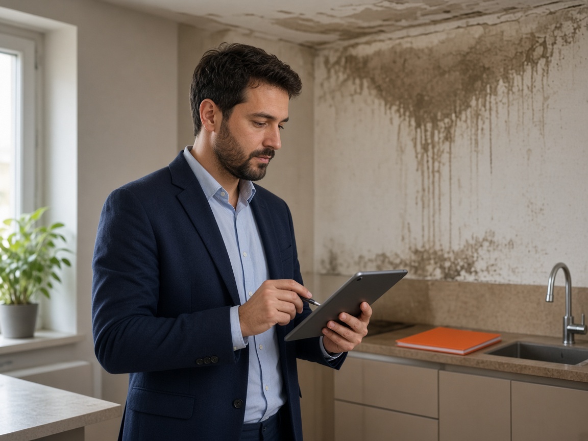 Su hasarı olan mutfakta tablet ile not alan eksper